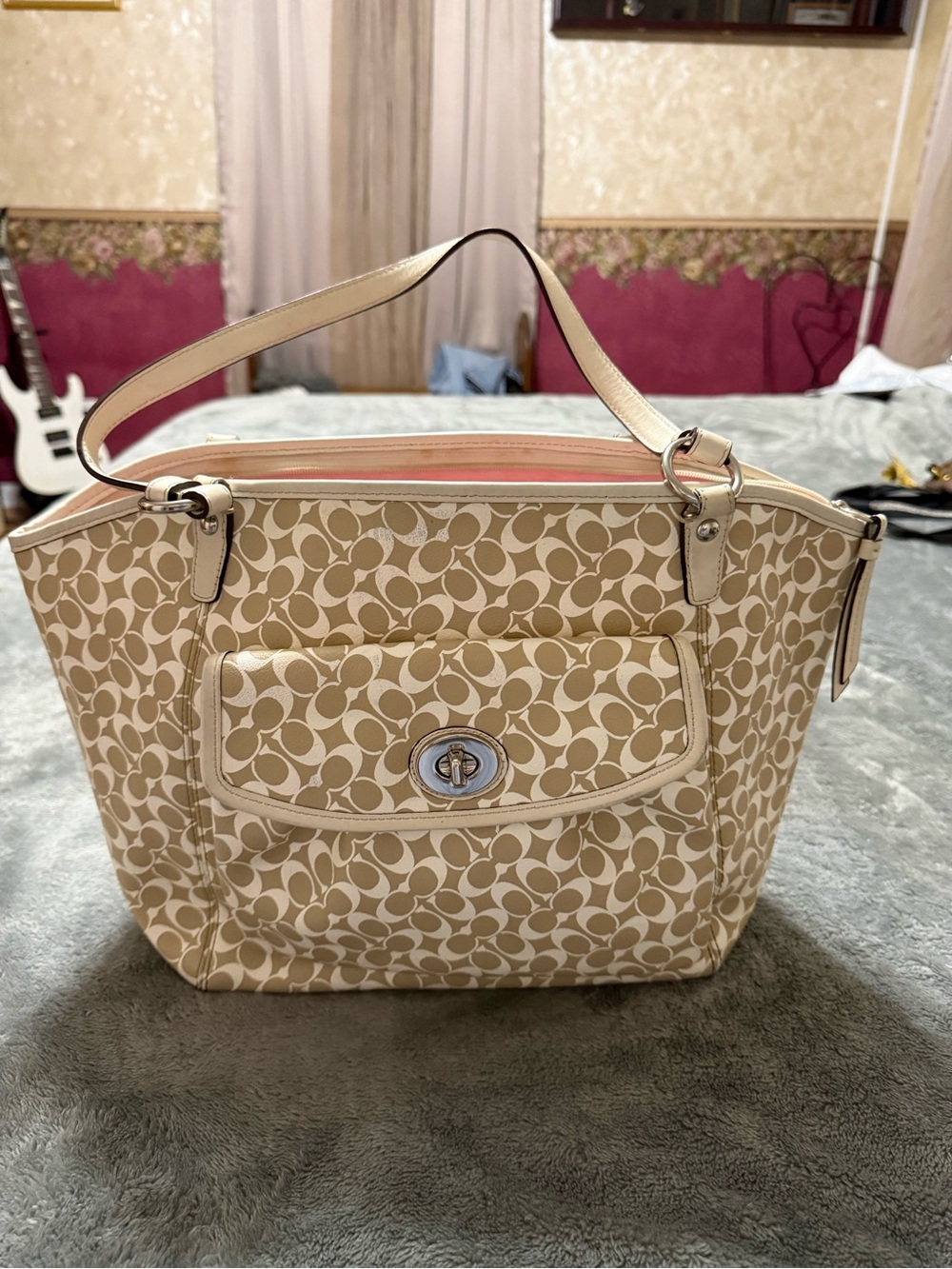 Coach Beige Signature Canvas Shoulder Bag with Cream Trim